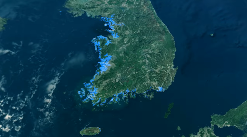 ▲ 그린피스가 공개한 2030 한반도 대홍수 시나리오 영상 갈무리. 파란색 부분이 침수 예상 지역