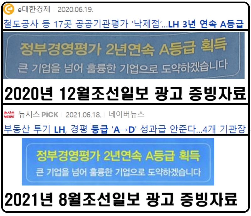 ▲LH 경영평가 등급에 대한 보도와 이후 LH가 조선일보에 의뢰한 광고 시안 편집.