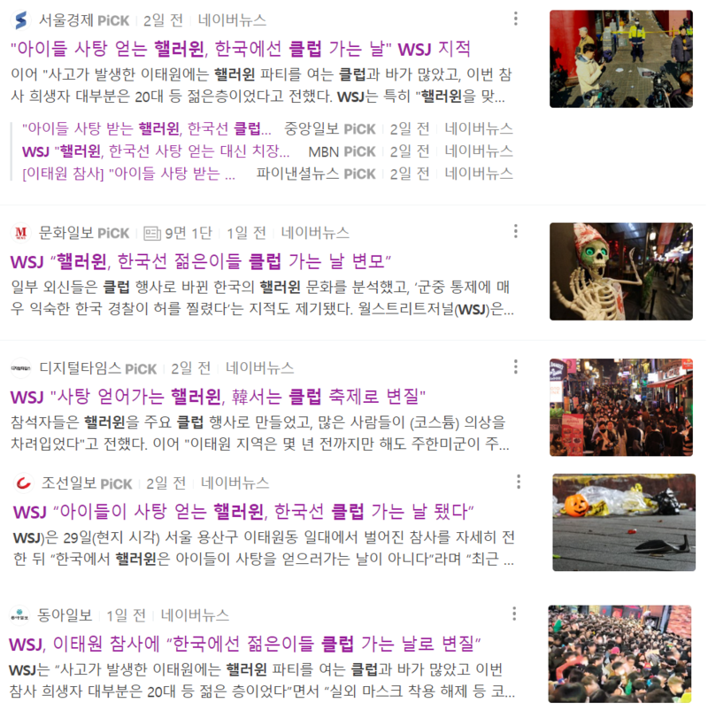 ▲ WSJ가 한국 핼러윈 문화를 지적했다는 보도들. 네이버 갈무리