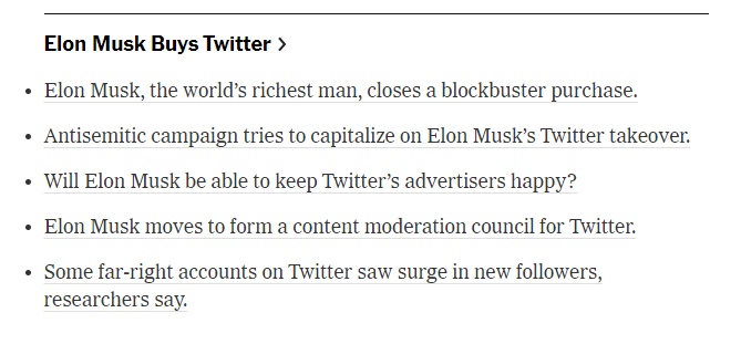▲뉴욕타임스는 일론 머스크가 트위터를 인수했다는 섹션을 따로 만들어 관련 기사들을 배치하고 있다. 사진출처=NewYork Times 홈페이지 캡처. 