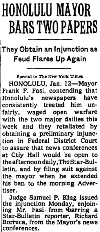 ▲1974년 프랭크 파시 하와이시장의 특정 취재진 배제를 다룬 뉴욕타임스 기사. 사진=뉴욕타임스 홈페이지