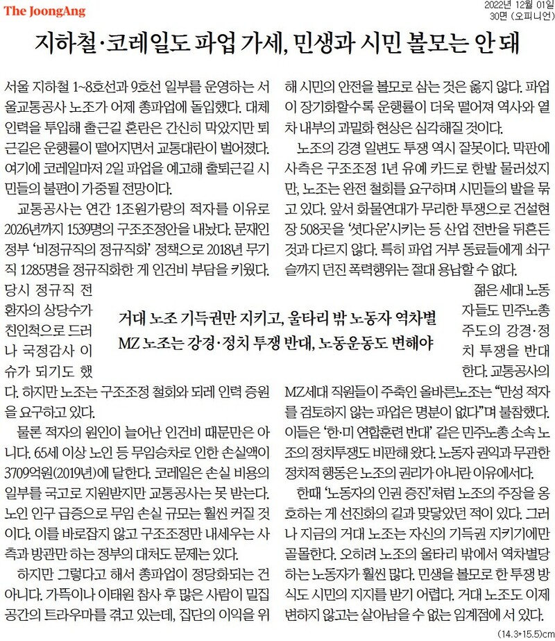 ▲12월1일 중앙일보 사설. 