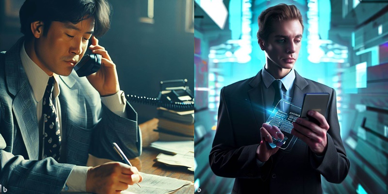 ▲ 인공지능 이미지 생성 프로그램 빙이미지크리에이터에게 '1990년대 기자가 일하는 모습과 미래의 기자가 일하는 모습'을 주문한 결과물. ⓒ빙이미지크리에이터