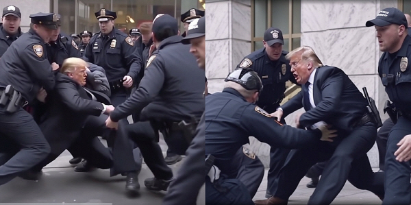 ▲ 인공지능 이미지 생성 서비스 미드저니로 만든 사진. 패러디 목적으로 만들었지만 도널드 트럼프 전 대통령이 체포된 것처럼 오인돼 논란이 됐다.