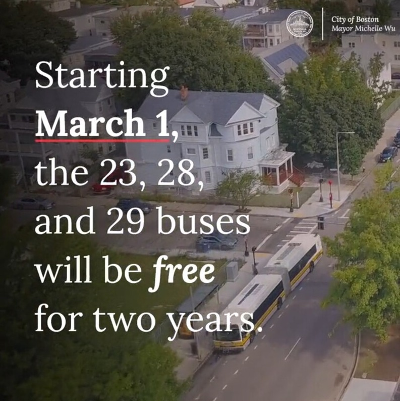 ▲미국 보스턴시가 '2022년 3월1일부터 23, 28, 29번 버스가 2년 간 무상'이라고 밝히고 있다. 미셸 우 보스턴 시장 트위터 갈무리