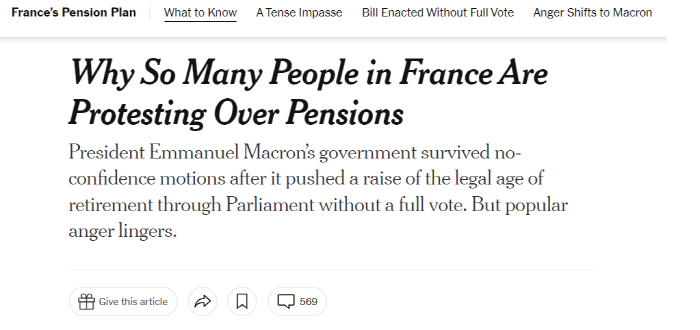 ▲ 뉴욕타임스(NYT) 지난달 23일자 기사, 왜 이렇게 많은 프랑스 사람들이 연금에 대해 항의하고 있을까(Why So Many People in France Are Protesting Over Pensions) 보도 갈무리.