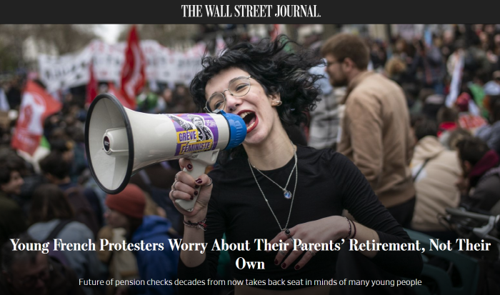 ▲ 지난달 WSJ 31일자 기사 ‘젊은 프랑스 시위대는 그들이 아닌 그들 부모님의 은퇴를 걱정한다’ 갈무리.