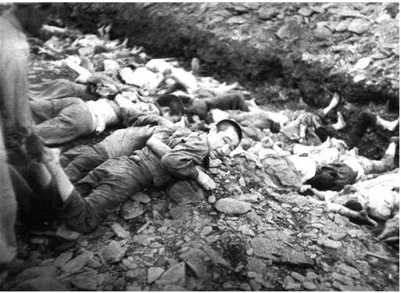▲ 1950년 7월 군경이 이승만의 지시에 따라 대전형무소에 수감됐던 보도연맹단원들을 학살하고 있다. 이 사진은 미군이 일급비밀로 분류했다 수십년 뒤 비밀을 해제했다. 사진=위키미디어