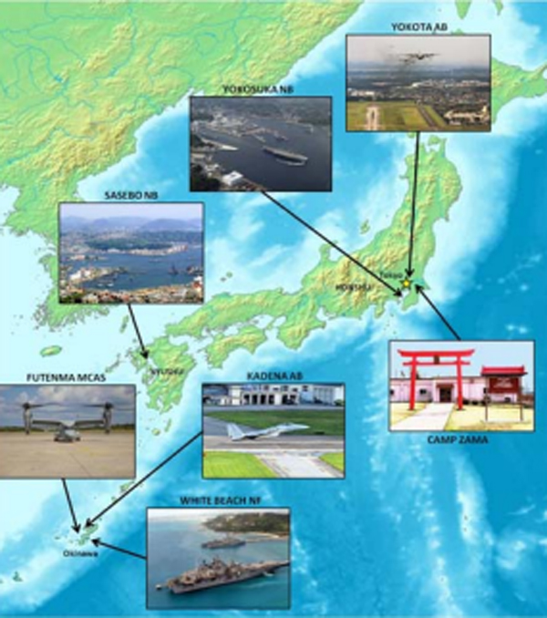 ▲ 일본에 주둔중인 유엔사 후방기지 7곳이 표시되어 있는 지도. 자마 기지, 요코타 공군기지, 요코슈카 해군기지, 사세보 해군기지, 가데나 공군기지, 오키나와의 후텐마 해병대기지, 화이트 비치 해군시설 등이 표시되어 있다. 사진=yokota 홈페이지