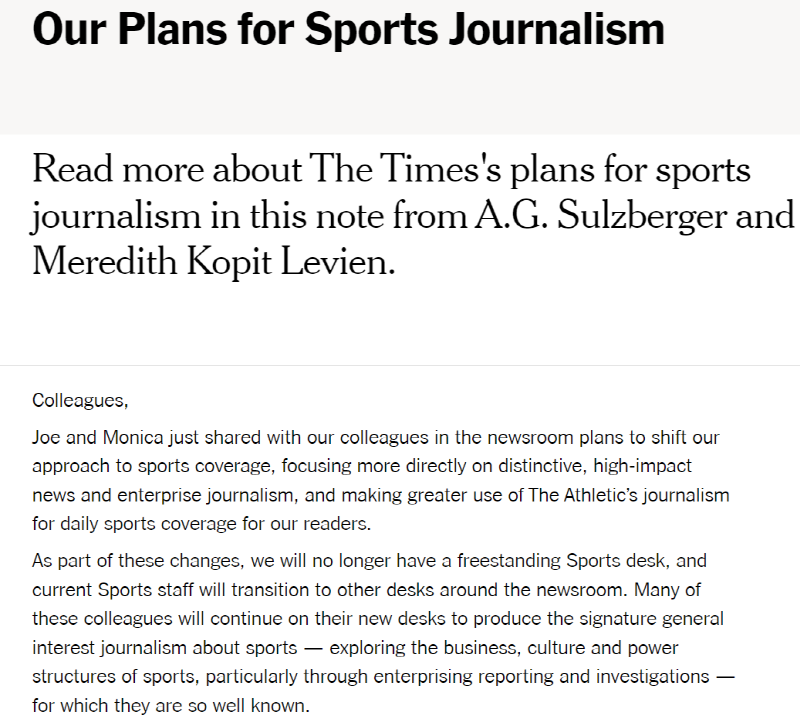 ▲ NYT는 지난 10일 35명 안팎 규모의 스포츠부서를 폐지하고 해당 기자들을 다른 부서로 이동시키겠다고 밝혔다. 설즈버그 CEO가 사내에 올린 글 갈무리.