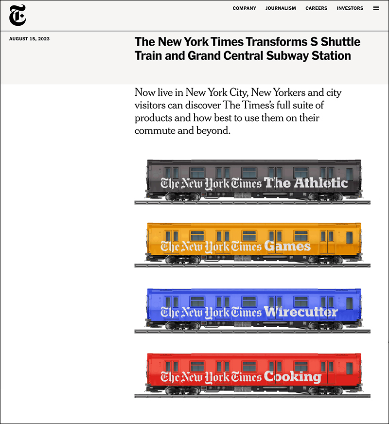 ▲ 올해 뉴욕타임스(NYT)는 뉴욕 타임스스퀘어에서 그랜드 센트럴역까지 운행하는 셔틀 노선 차량 안팎에 NYT 대표 콘텐츠를 채웠다. 사진=NYT 홈페이지