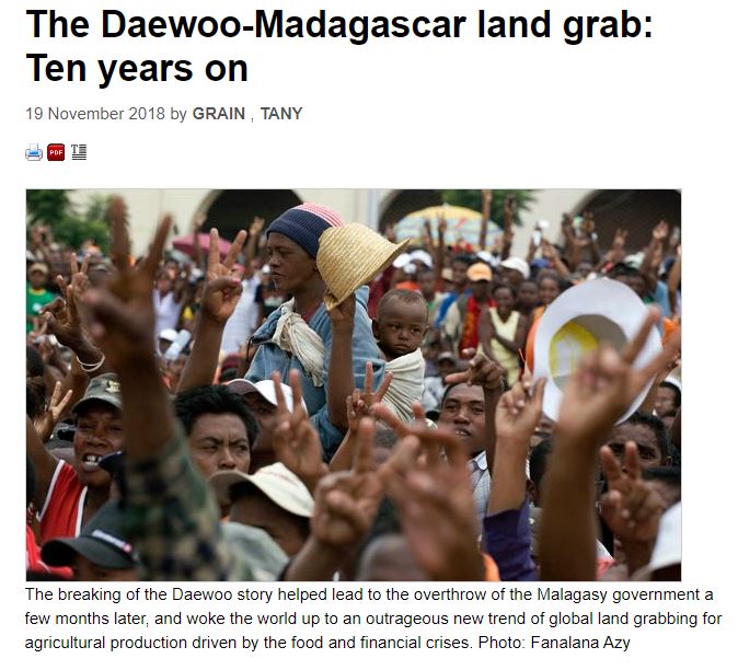 ▲부당부채폐지위원회 웹사이트 게시글 갈무리. GRAIN은 이 글에서 대우 사태가 마다가스카르 정부 전복으로 이어졌고, 농업 생산을 위한 전 세계적인 토지 수탈이라는 터무니없는 새 흐름에 전 세계를 일깨웠다고 밝혔다.