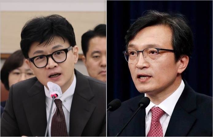 ▲한동훈 법무부장관(왼쪽)과 김의겸 더불어민주당 의원.