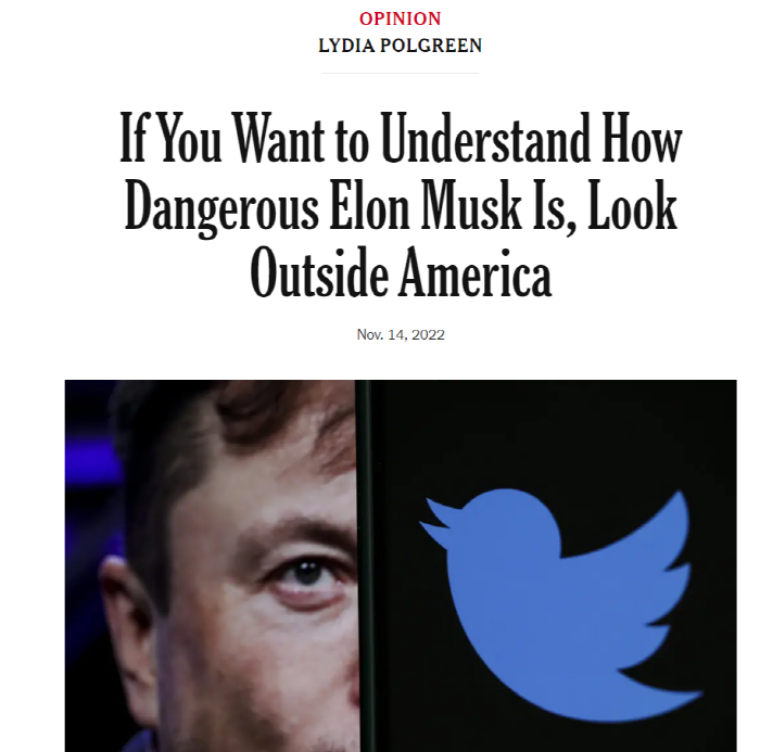 ▲ 전 뉴욕타임스 특파원 리디아 폴그린은 지난해 11월 칼럼에서 머스크의 트위터가 민주주의를 위협할 수 있다고 경고했다. NYT 갈무리