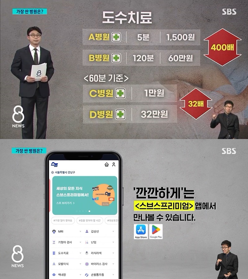 ▲  SBS ‘8뉴스’에서  ‘우리동네 비급여 진료비 비교’ 콘텐츠 내용을 보도했고, 스프 앱을 통해 관련 서비스를 이용할 수 있다고 홍보했다. 