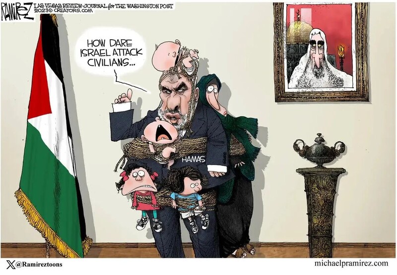 ▲ Entretanto, o The Washington Post publicou um cartoon sugerindo que o Hamas amarra crianças palestinianas aos seus corpos e usa civis como escudos, mas removeu-o do seu website à medida que surgiam críticas por desumanizar os palestinianos.