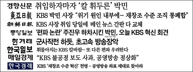 ▲ 11월14~15일 KBS 박민 사장의 인사 단행과 편성 변경을 다룬 신문 기사 제목. 사진=민주언론시민연합
