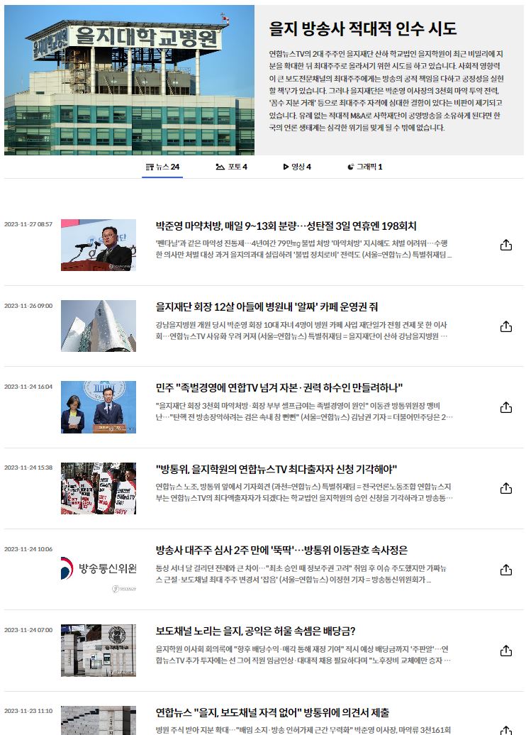 ▲연합뉴스 특별취재팀의 연합뉴스TV 2대 주주 을지재단 비판 보도 페이지