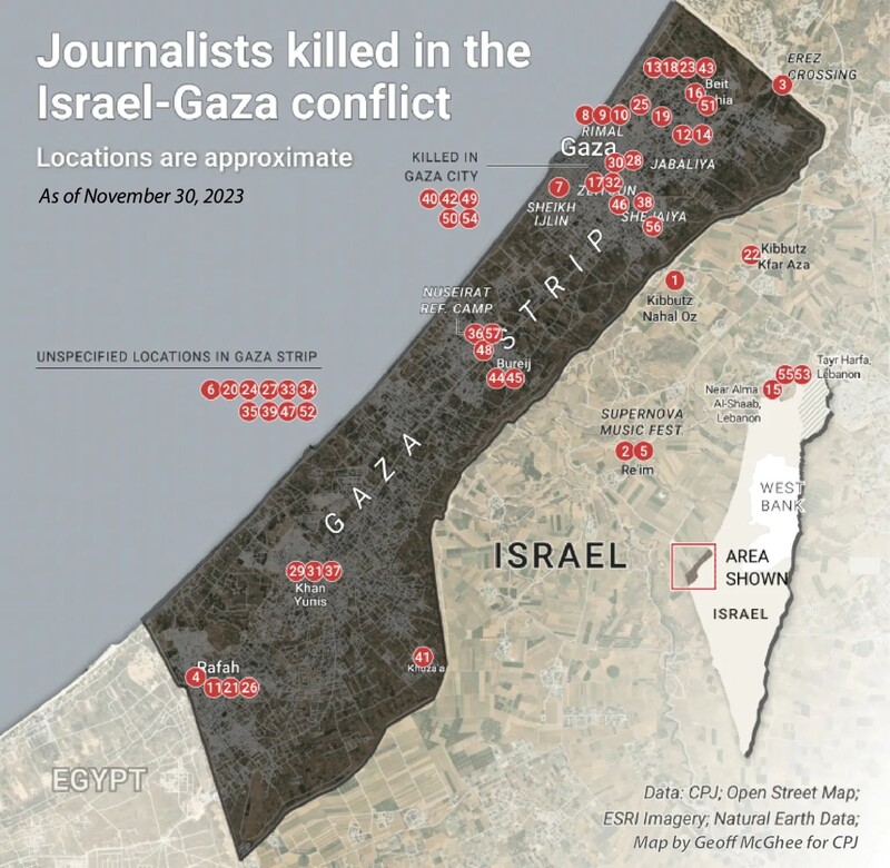 ▲이스라엘-가자 전쟁에서 숨진 기자 위치를 밝힌 언론인보호위원회 인포그래픽