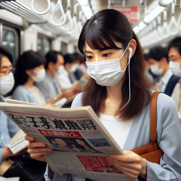 ▲AI 빙이미지크리에이터로 생성한 '일본 지하철에서 신문 읽고 있는 여성'. 