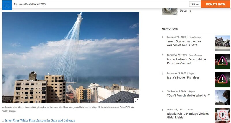 ▲이스라엘이 가자시티 항구에 국제법상 사용이 금지된 백린탄을 투하하는 모습. 휴먼라이츠워치 페이지 갈무리
