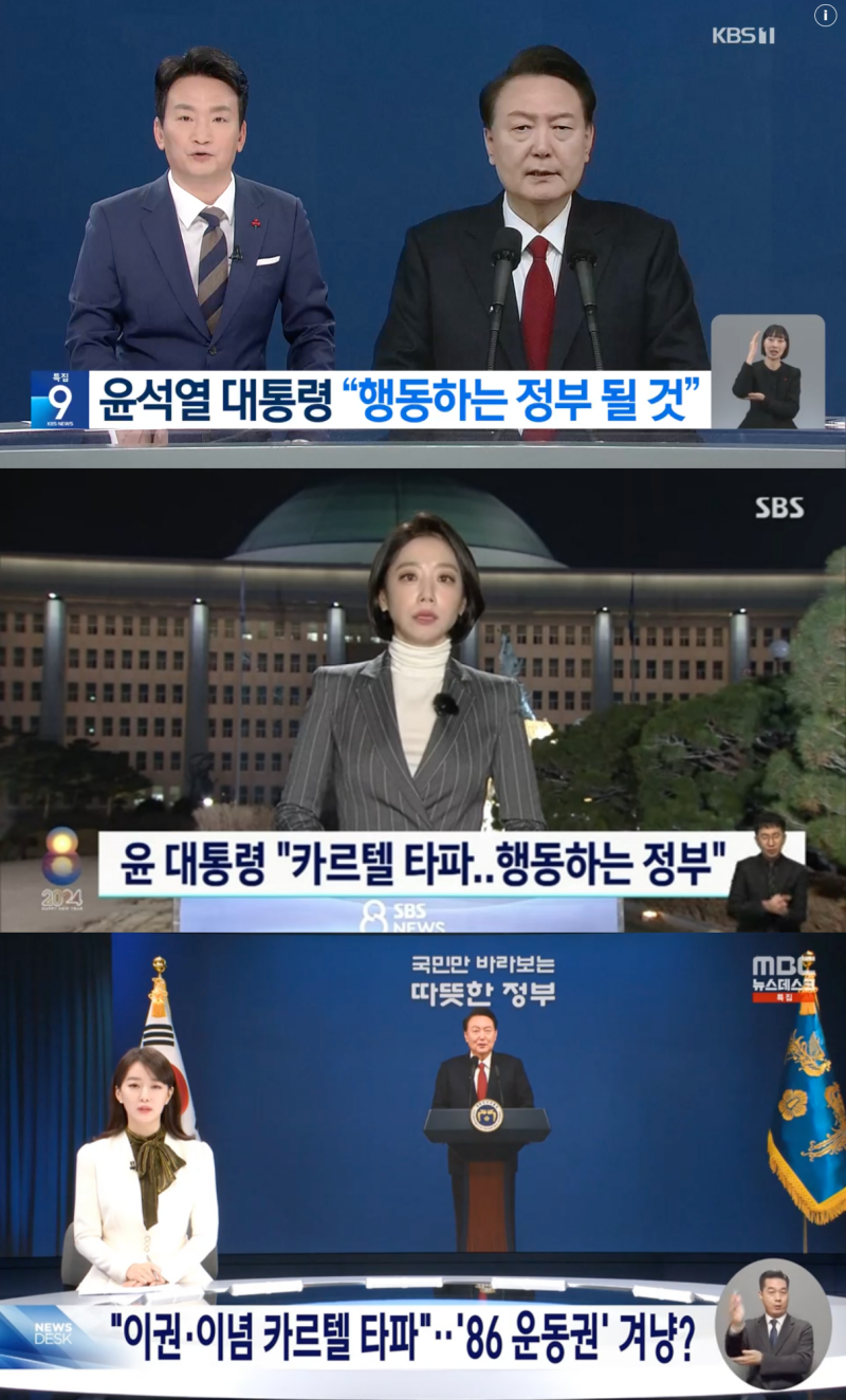 ▲2023년 1월1일 윤석열 대통령 신년사 관련 KBS, SBS, MBC 리포트를 소개하는 앵커멘트 갈무리
