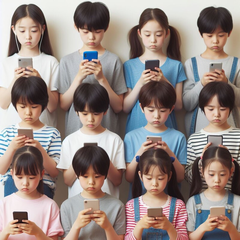 ▲AI 빙이미지크리에이터로 생성한 '대한민국 어린이들이 무표정하게 스마트폰을 이용하고 있는 모습'.