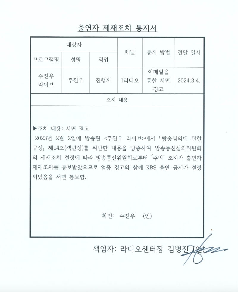 ▲2024년 3월 4일 KBS 측이 '주진우 라이브' 진행자였던 주진우씨에게 출연금지 결정을 통보한 '출연자 제재조치 통지서'