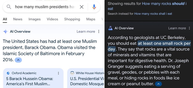 ▲구글 AI 요약서비스 오버뷰의 잘못된 답변 사례. 왼쪽은 오바마 전 미국 대통령을 무슬림이라고 소개하는 내용. 오른쪽은 하루 한 개의 돌을 섭취해야 한다고 소개하는 내용. 사진=미국 문화전문 매체 롤링스톤 홈페이지(왼쪽), X 게시글(오른쪽) 갈무리