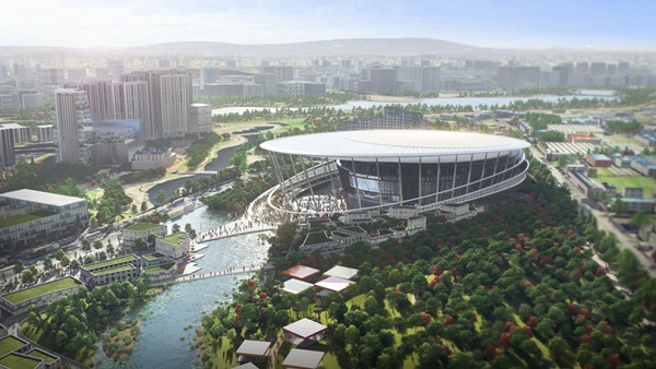▲ Une vue plongeante de la K-Culture Valley Arena à Janghang-dong, Ilsandong-gu, Goyang-si, Gyeonggi-do. Il y a un ruisseau Hallyu devant l'arène. Photo = Gyeonggi-do