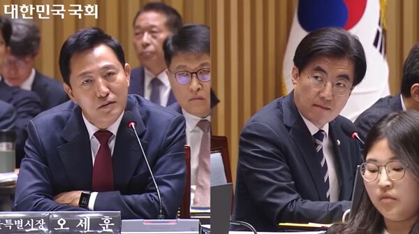 ▲15일 행정안전부 국정감사에서 오세훈 서울시장이 김성회 더불어민주당 의원 질의에 답변하고 있다.