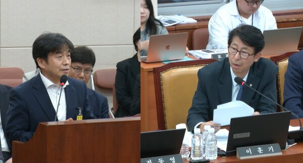 ▲15일 과방위 국정감사에서 이성구 전TBS 대표대행(왼쪽)에 질의하는 이훈기 더불어민주당 의원(오른쪽). 
