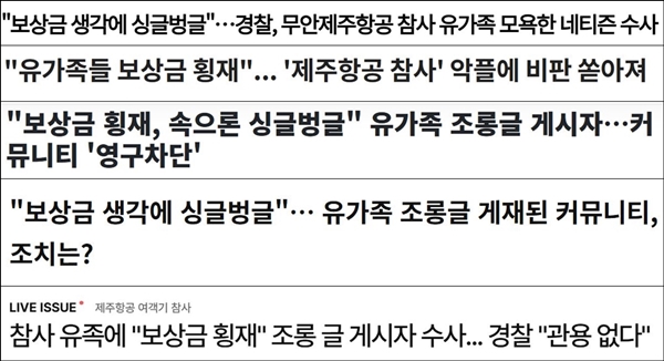 ▲ 피해자와 유족을 향한 악성댓글과 게시글을 그대로 제목으로 인용한 언론 보도 제목 갈무리. 