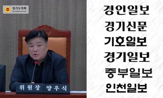 ▲지난 19일 열린 경기도의회 운영위원회에서 양우식 운영위원장이 임채호 사무처장을 향해 경기도의회 의장 개회사와 양당 대표 연설 내용을 다음 날 1면에 싣지 않은 언론사의 홍보비를 제한하라는 발언을 하는 모습.