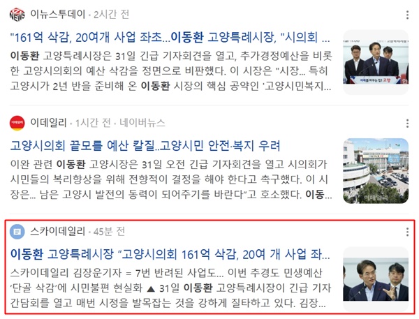 ▲ 31일자 이동환 고양시장 발언을 기사화한 여러 매체 중 스카이데일리도 포함돼 있다