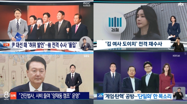 ▲2025년 4월 25일 지상파 3사 및 JTBC 메인뉴스의 첫 번째 보도를 소개하는 앵커멘트 화면 갈무리