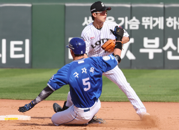 ▲ 지난 5월18일 부산 사직야구장에서 열린 프로야구 2025 신한 SOL 뱅크 KBO리그 삼성 라이온즈와 롯데 자이언츠의 경기. 7회 초 1사 2루에서 삼성 구자욱이 우전 2루타로 1타점을 올리며 2루까지 진출하고 있다. ⓒ연합뉴스