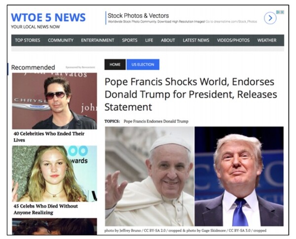 ▲ 프란치스코 교황이 도널드 트럼프 대통령을 지지했다는 내용의 페이크뉴스.