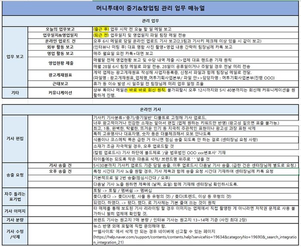 ▲허씨가 입사 뒤 지켜야 했던 머ㅣ투데이 중기&창업팀 관리 업무 매뉴얼 중 일부 내용 갈무리. 허씨 제공