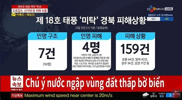 ▲ 태풍 '미탁' 당시 CJ헬로(현재 LG헬로비전) 재난방송. 베트남어 등 외국어 자막을 송출해 주목 받았다.