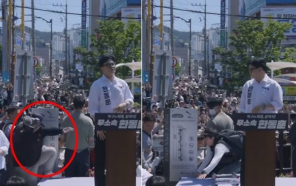 ▲ 지난 9일 부산 북구 구포시장 인근에서 열린 한 후보의 출마 기자회견. 한동훈 유튜브 캡처.